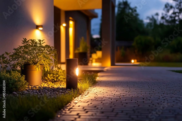 Fototapeta Outdoor lighting of a garden path, powered by solar energy at dusk. A garden with abundant plants and flowers. Integration of solar technology.