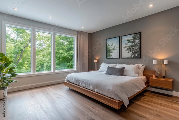 Fototapeta Elegant bedroom with panoramic view from the window.