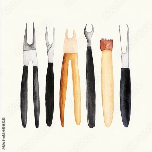 Fototapeta Watercolor paper texture sticker design pastel colors simple lines surgical tools scalpel forceps and sutures arranged neatly soft grey background grey silver palette