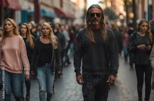 Fototapeta Handsome middle aged man smiling at the camera while walking in a busy street. Crowd of sad, tired people in outerwear on street, an adult man standing and looking at camera