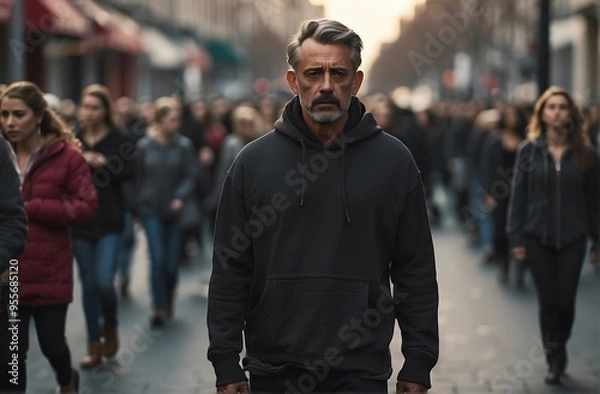 Fototapeta Handsome middle aged man smiling at the camera while walking in a busy street. Crowd of sad, tired people in outerwear on street, an adult man standing and looking at camera