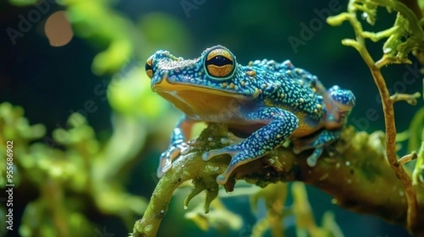 Fototapeta Colorful frog resting on a branch in a lush tropical habitat