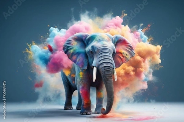Fototapeta Elephant in a splash explosion of colors, variegated paint burst. Vibrant elephant head with smoke colorful paint splatter on blue background