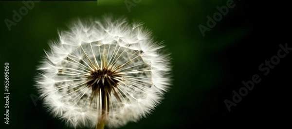 Fototapeta Dandelion isolated on black background. Plants close up. Beautiful shiny dew water drop on dandelion seed in nature. Closeup macro sparkling bokeh dark blue. Banner plants