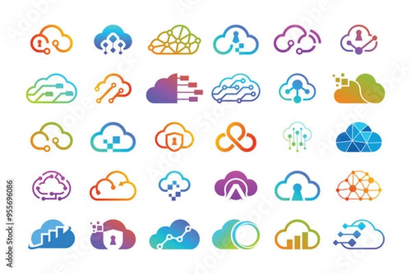 Fototapeta Set of cloud tech logo. Cloud hosting logo design.