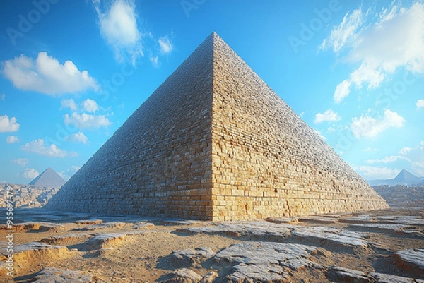 Fototapeta A pyramid with a triangular base viewed from an angle, illustrating the slant height and apex of a triangular pyramid. Concept of triangular pyramids and geometric visualization.