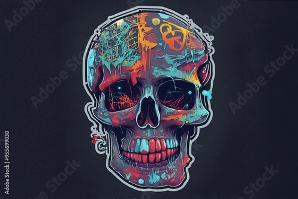 Fototapeta Sticker skull in graffiti style. T-shirt sticker with a skull image. Skull cracked with paint. Mockup template tattoo with skull