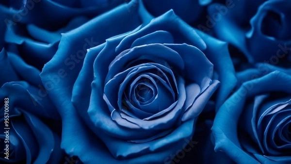 Fototapeta Floral background with blue roses top view. Beautiful blue rose closeup. Macro rose on the table. Blue rose on a dark background. Panorama. Banner. Space for text and design