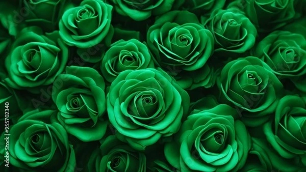 Fototapeta Floral background with green roses top view. Beautiful green rose close up. Macro rose on the table. Green rose with petals. Panorama. Banner. Space for text and design