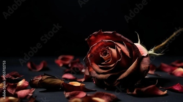 Fototapeta Dried red rose flower pattern which has withered or lacks water botanical background. An old dry rose with crumbs from dry petals. Dried Rosebuds. Panorama. Banner. Space for text and design