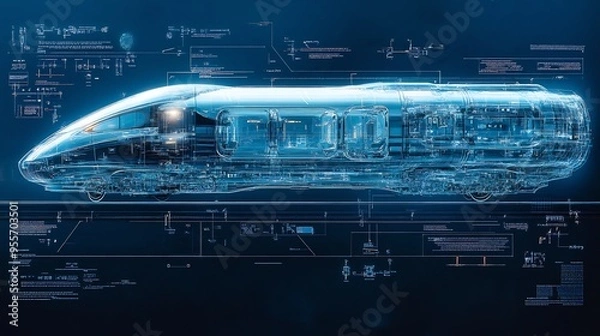 Fototapeta Blueprint of futuristic train with detailed carriage designs and technical specs
