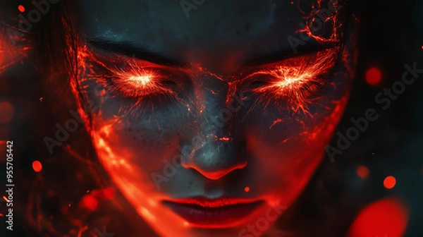 Fototapeta A close-up of a woman's face with glowing red eyes, exuding an intense and powerful energy, symbolizing inner fire and determination