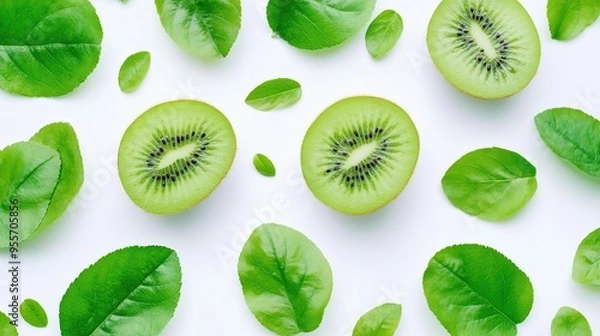 Fototapeta Fresh kiwi halves surrounded by green leaves on a white background.