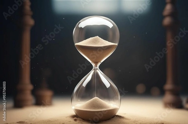 Fototapeta Hourglass on the background of a dark room. Close-up of an hourglass with golden sand and copy space on a dark background. Sands of Time. Hourglass. Flow of Time. Hourglass. Time concept.