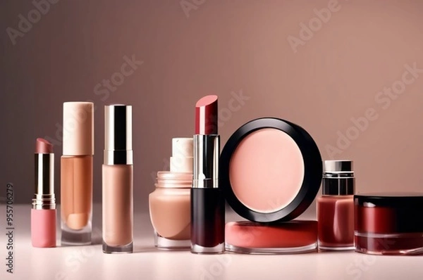 Fototapeta Glamorous makeup collection showcasing a range of colorful eyeshadows, glossy lipsticks, and luxury brushes, isolated. Collection of cosmetics and makeup products on a table with a beige background