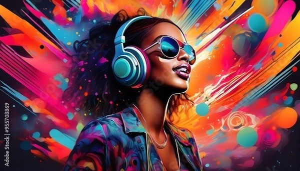 Fototapeta Music event poster mockup with vibrant graphics