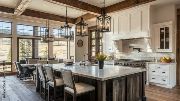 Fototapeta A kitchen with a large island, pendant lighting, and a mix of contemporary and rustic elements.