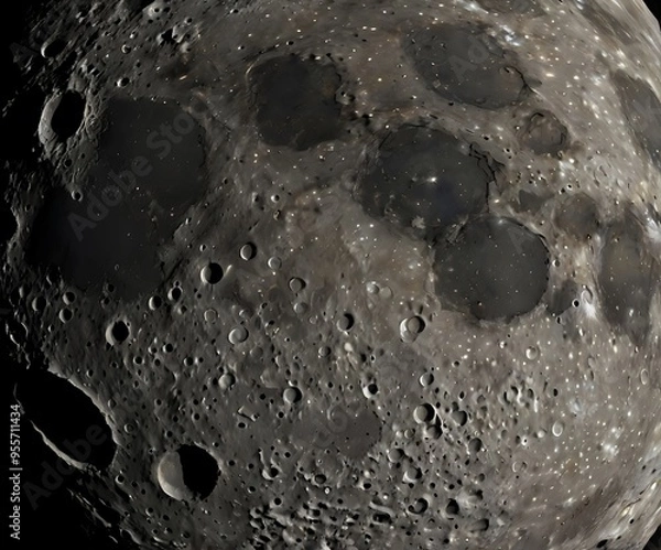 Fototapeta Close moon holes with slight bright lights on it's surface, textured moon surface with holes and rocks on it