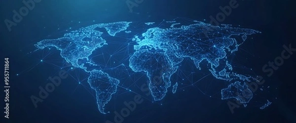 Obraz Abstract polygonal world map with glowing lines and dots.