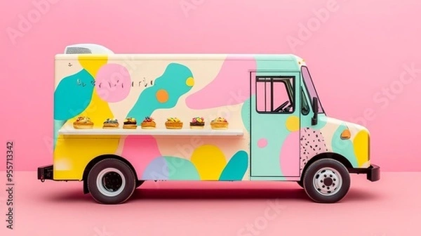 Fototapeta Mobile bakery truck with bold pop culture designs, serving themed pastries in a trendy district
