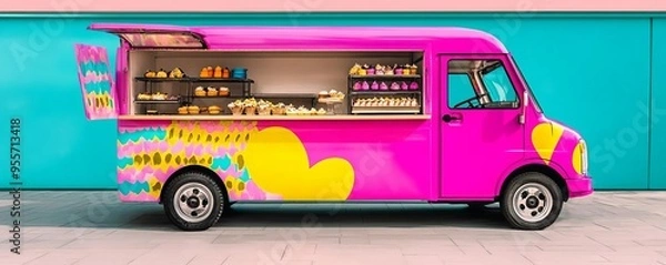 Fototapeta Mobile bakery truck with bright pop art designs, serving creative desserts in a trendy art district
