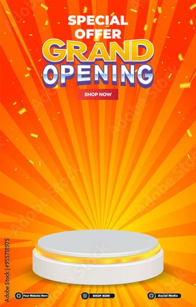 Fototapeta special offer grand opening sale discount portait template banner with blank space 3d podium for social media post product sale with abstract gradient orange background design69