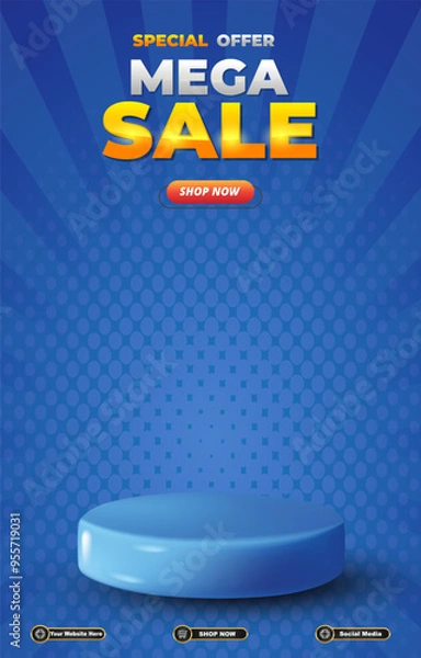 Fototapeta special offer mega sale discount portait template banner with blank space 3d podium for social media post product sale with abstract gradient blue background design 18