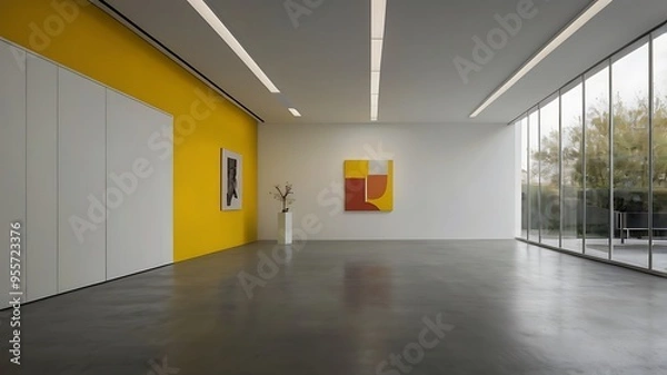 Obraz Yellow and white interior design modern room with a slight sunlight from windows classy furniture