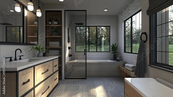 Fototapeta Stylish bathroom with black fixtures, a soaking tub encased in glass, and a vanity with quartz countertops and clean lines.