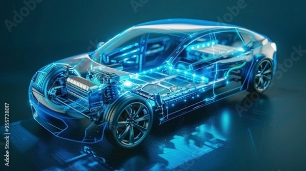 Fototapeta Transparent Electric Car with Visible Internal Components