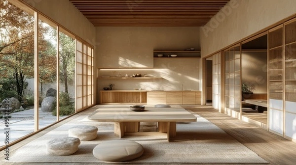 Fototapeta modern homes feature a cozy dining area blending scandinavian and japanese styles explore the japandi design concept for a warm, inviting space