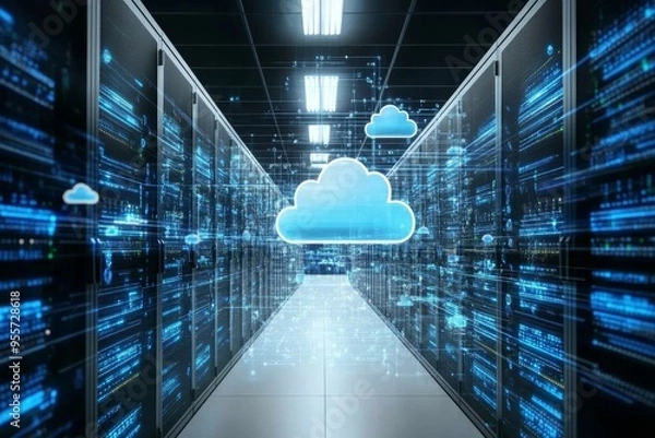Fototapeta Cloud Computing:  The Future of Data: A futuristic concept of cloud computing is illustrated with a server room filled with data and cloud icons floating above. The image emphasizes the digital transf