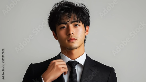 Fototapeta Formal portrait of a young man in a suit and tie, suitable for business branding and professional use.