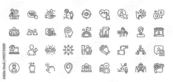 Fototapeta Microphone, Recruitment and Refer friend line icons pack. AI, Question and Answer, Map pin icons. Clapping hands, Video conference, Painter web icon. Communication, Eye target, Fraud pictogram. Vector
