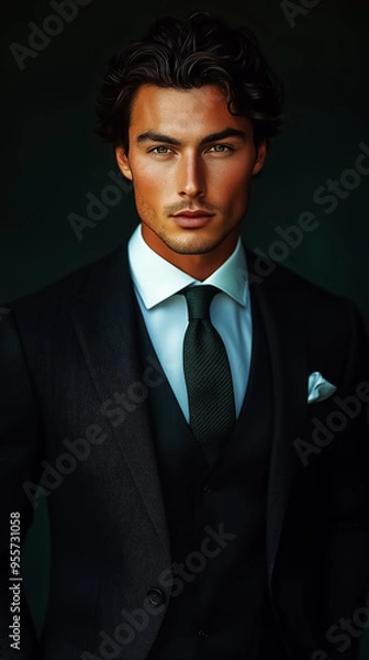 Obraz Elegant portrait of a man in formal attire, nice suit and tie, ideal for corporate branding or promotional materials for upscale events.