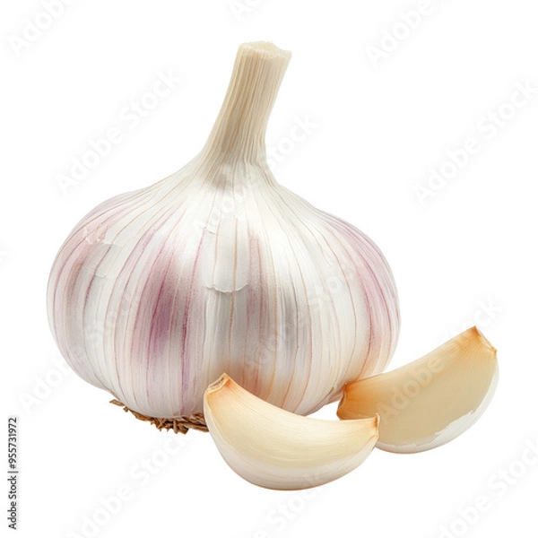 Fototapeta A single garlic bulb with two cloves on a white background.