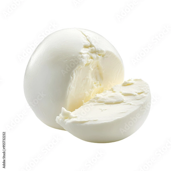Fototapeta A whole ball of fresh mozzarella cheese with a slice cut off, isolated on a white background.