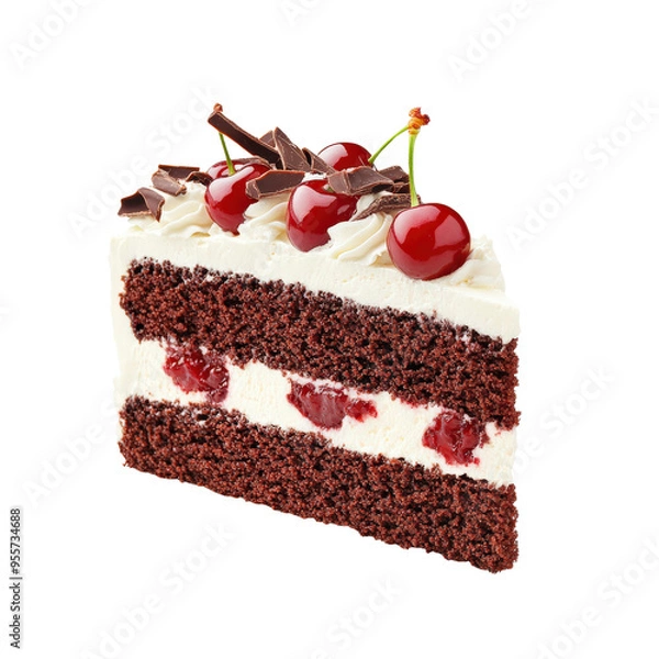Fototapeta Slice of Black Forest cake with cherries, cream, and chocolate garnishing. Perfect for dessert visuals and bakery promotions.