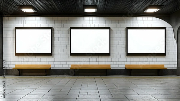Fototapeta A minimalist subway station with blank advertising panels.