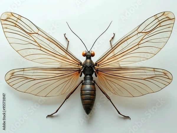 Fototapeta A close-up of a stunning intricate cicada with translucent wings and vibrant orange eyes against a neutral background.