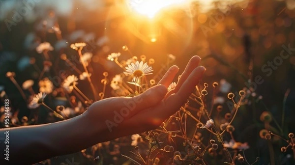 Fototapeta A hand gently holding a daisy flower, illuminated by the warm and soft light of a sunset, symbolizing peace and connection to nature..