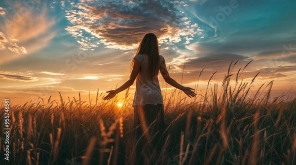 Fototapeta A woman stands in an open field, arms outstretched, embracing the warmth and beauty of a sunset, symbolizing freedom and peace..