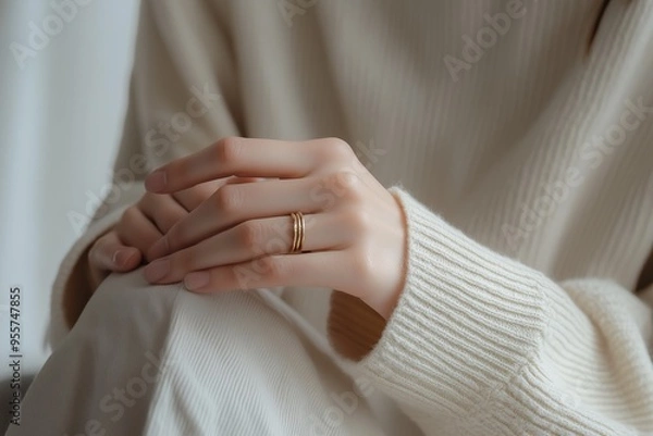 Fototapeta Close-up of a hand wearing a gold band ring, with a soft beige sweater, showcasing minimalist elegance and simplicity.
