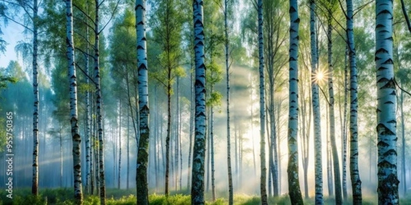 Fototapeta Dramatic backlighting illuminates the misty atmosphere surrounding tall, slender birch trees with blue-green foliage, shot from a low angle, early morning, a realistic photo image.