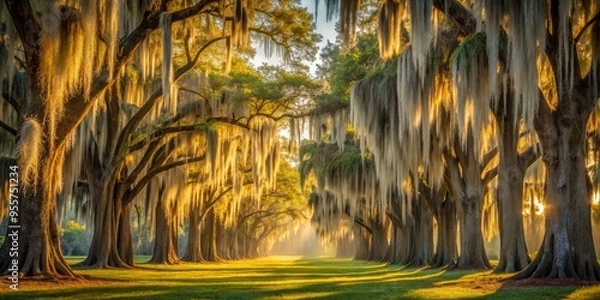 Fototapeta Low-angle shot of Ghost White cypress trees, Spanish moss drapes like eerie curtains, warm afternoon light, hauntingly beautiful scene, a realistic photo image.