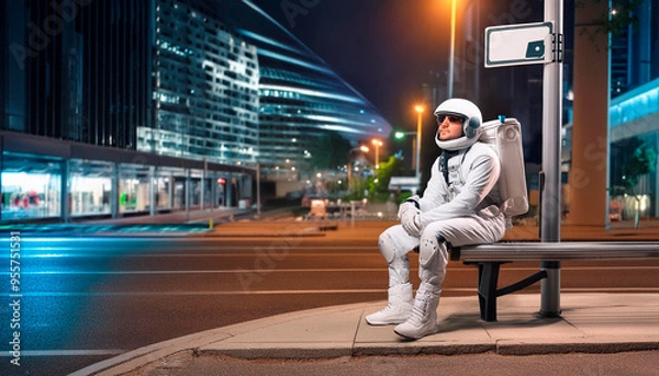 Fototapeta Astronaut sitting at a bus stop waiting for the bus in a big city.