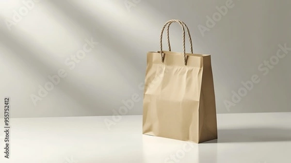 Fototapeta A Brown Paper Bag with Twisted Handles on a White Surface