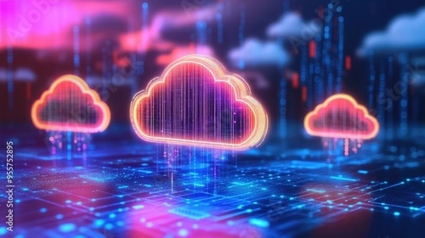 Fototapeta Futuristic Cloud Computing Concept with Digital Data Connections