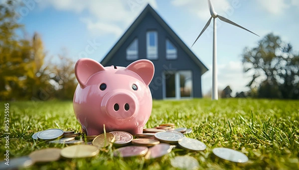 Fototapeta Pink piggy bank symbolizing savings near energy-efficient home setup