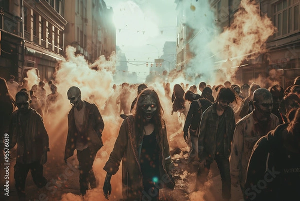 Fototapeta Zombie Apocalypse Takes Over Ruined City as Hundreds of Undead Roam the Streets with Rotting Faces and Bloody Eyes